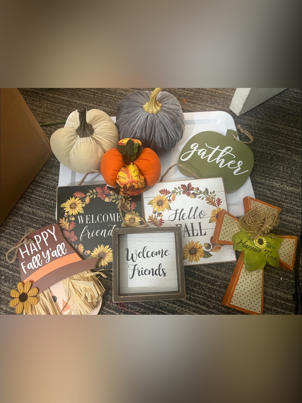Fall Harvest Decorative Sign & Pumpkin Set - Orange, Cream, Gray